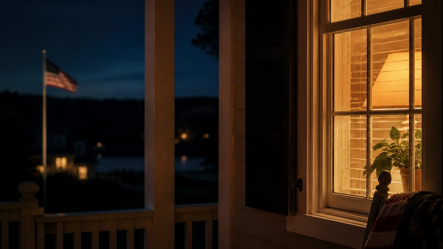 A quiet nighttime porch and window with one warm light glowing and a subtle flag outside.
