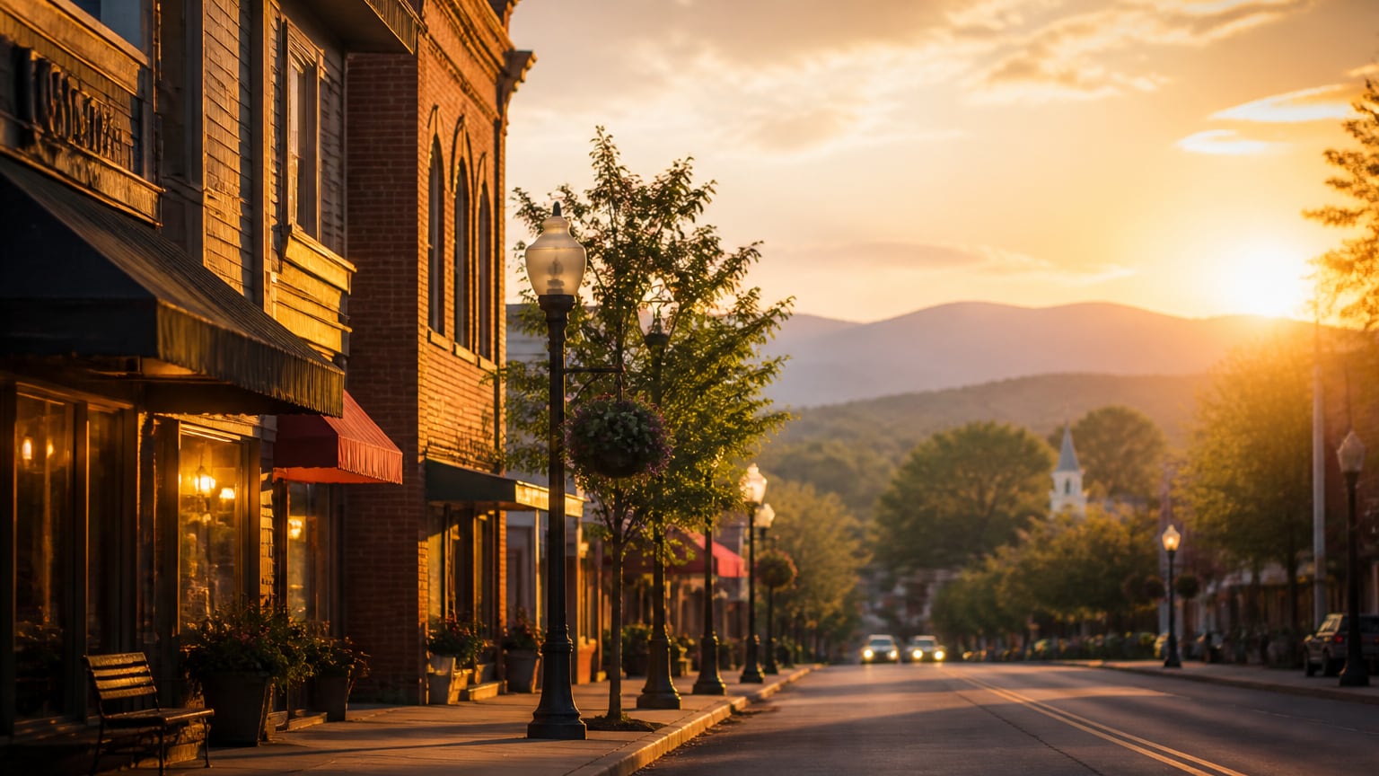 A small-town main street at golden hour, opening toward distant hills.