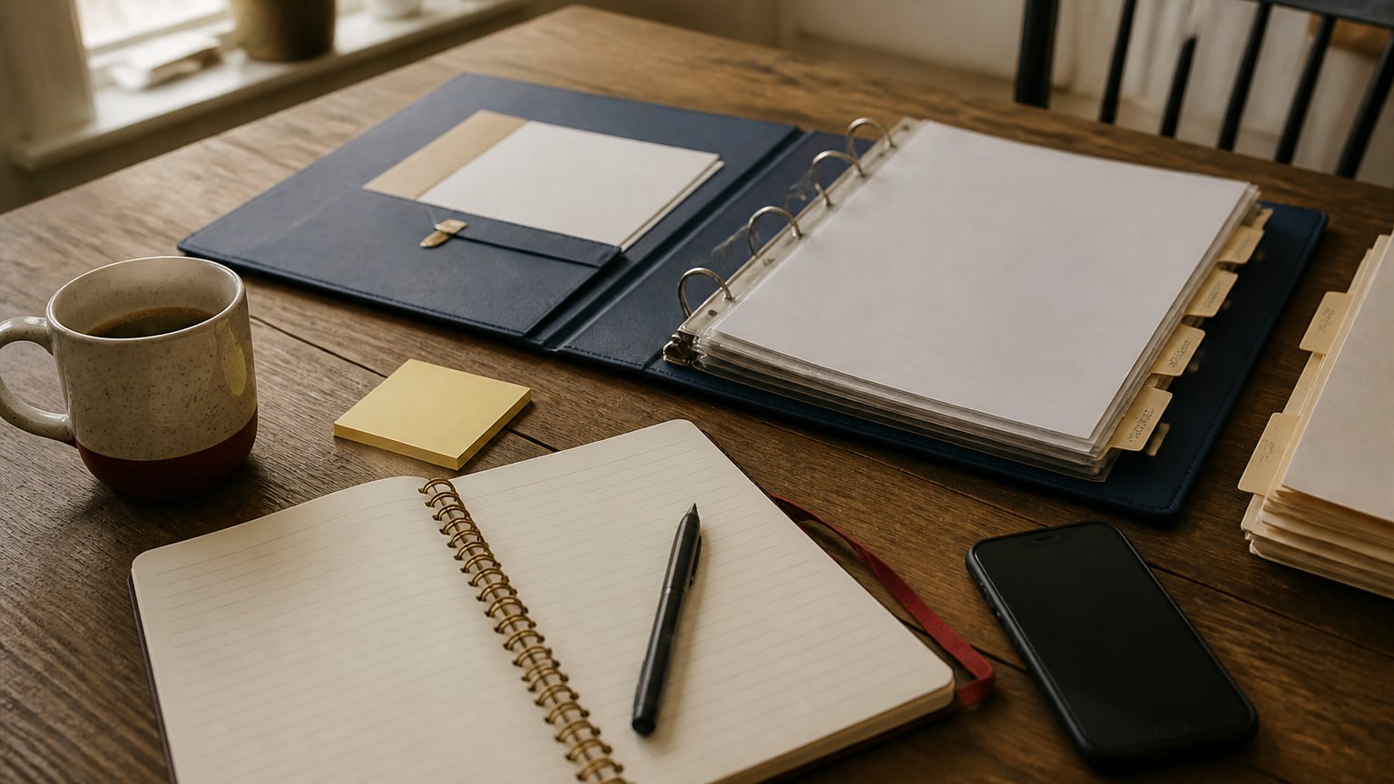 A warm tabletop with a notebook, folders, paperwork, phone, pen, and coffee.