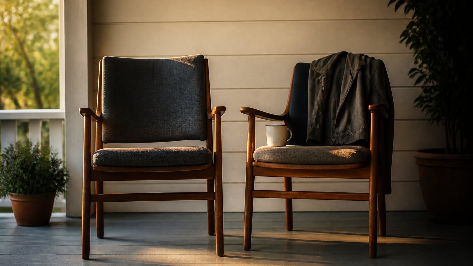 Two chairs side by side on a warm porch, one open and one holding a jacket and cup.
