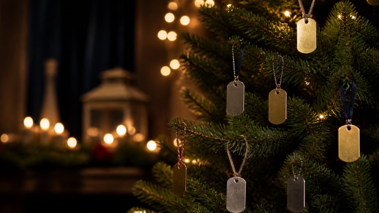 Blank dog tags hanging from a warmly lit Christmas tree at a community remembrance event.